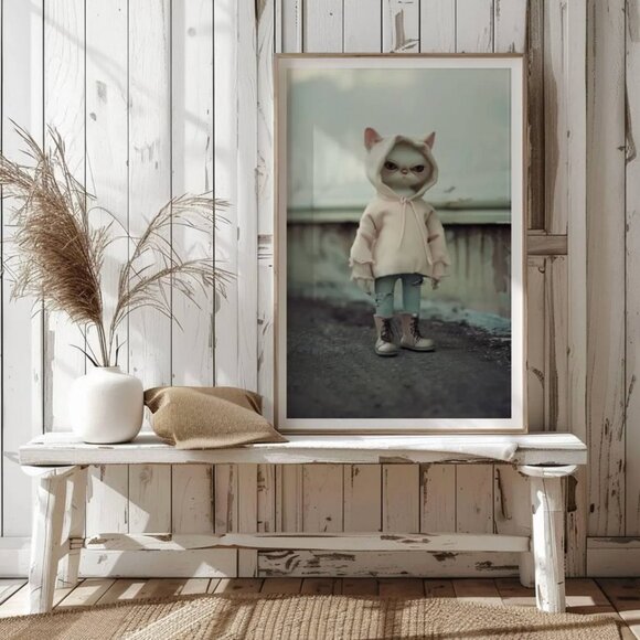 Original Cat with Hoodie Art Print + Digital Copy, Anthropomorphic Cat - Picture 6 of 10
